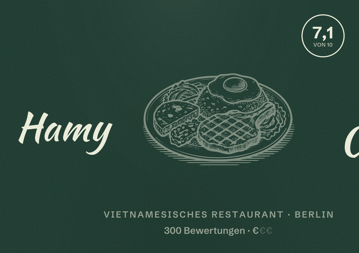 Illustriertes Poster von Hamy Cafe, Vietnamesisches Restaurant in Berlin: Bewertung 7,1 von 10 aus 300 Bewertungen, Preisniveau €