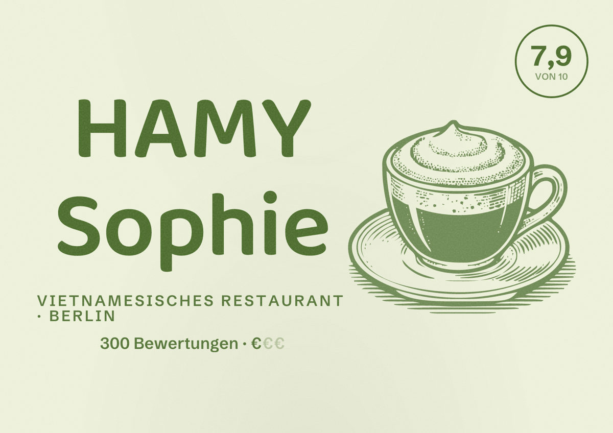 Illustriertes Poster von HAMY Sophie, Vietnamesisches Restaurant in Berlin: Bewertung 7,9 von 10 aus 300 Bewertungen, Preisniveau €