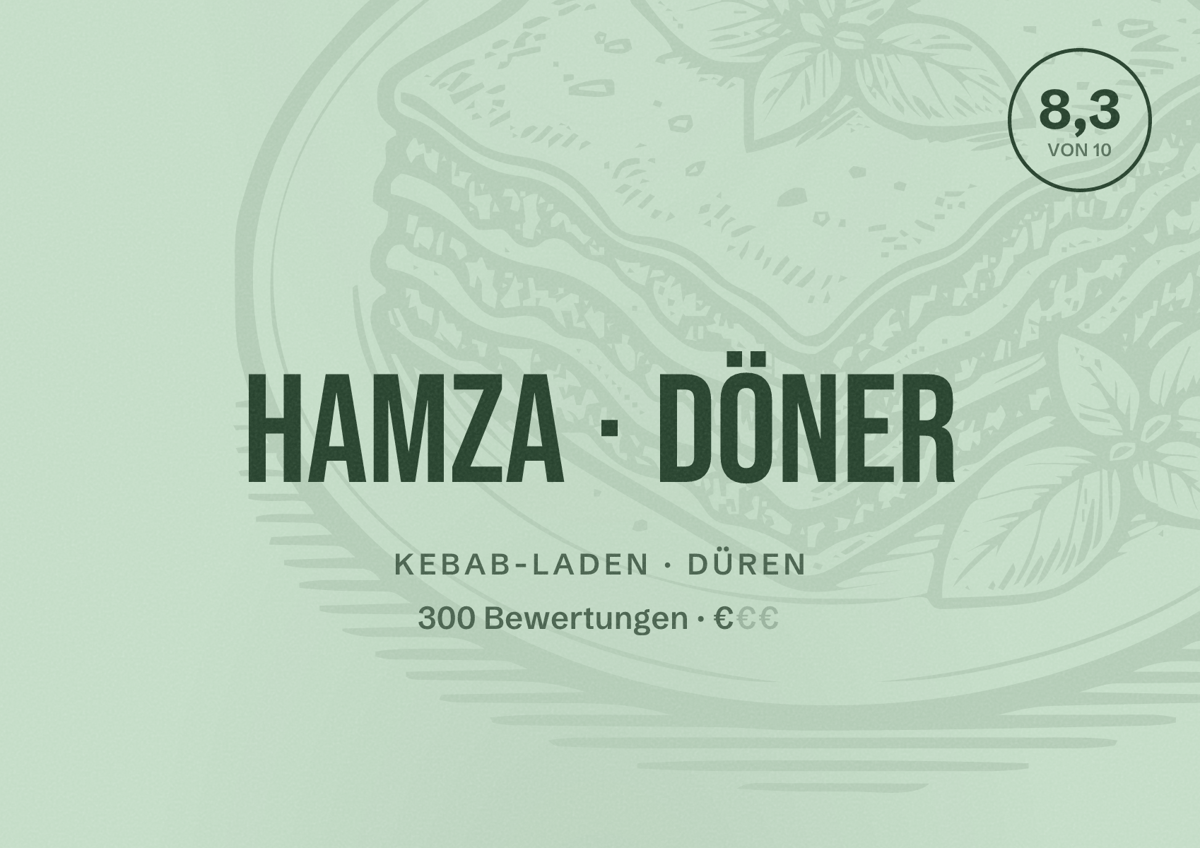 Illustriertes Poster von Hamza Döner, Kebab-Laden in Düren: Bewertung 8,3 von 10 aus 300 Bewertungen, Preisniveau €