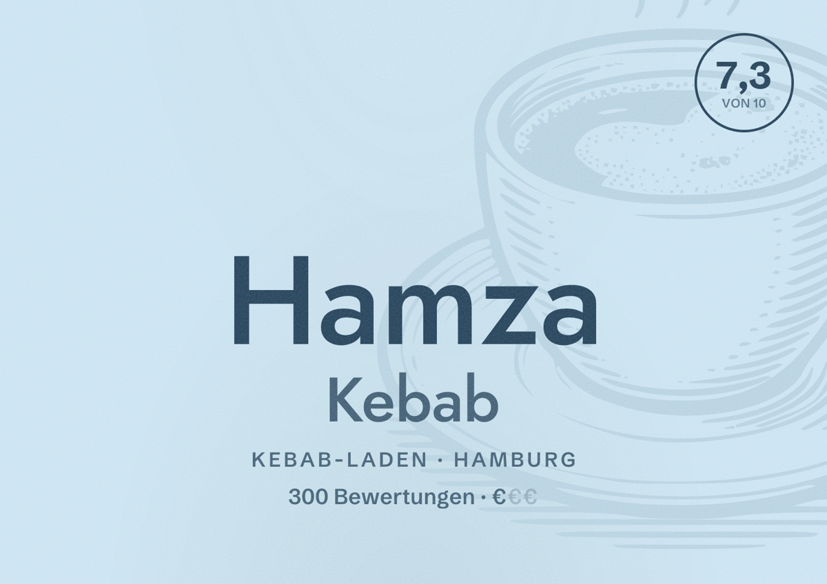 Illustriertes Poster von Hamza Kebab, Kebab-Laden in Hamburg: Bewertung 7,3 von 10 aus 300 Bewertungen, Preisniveau €