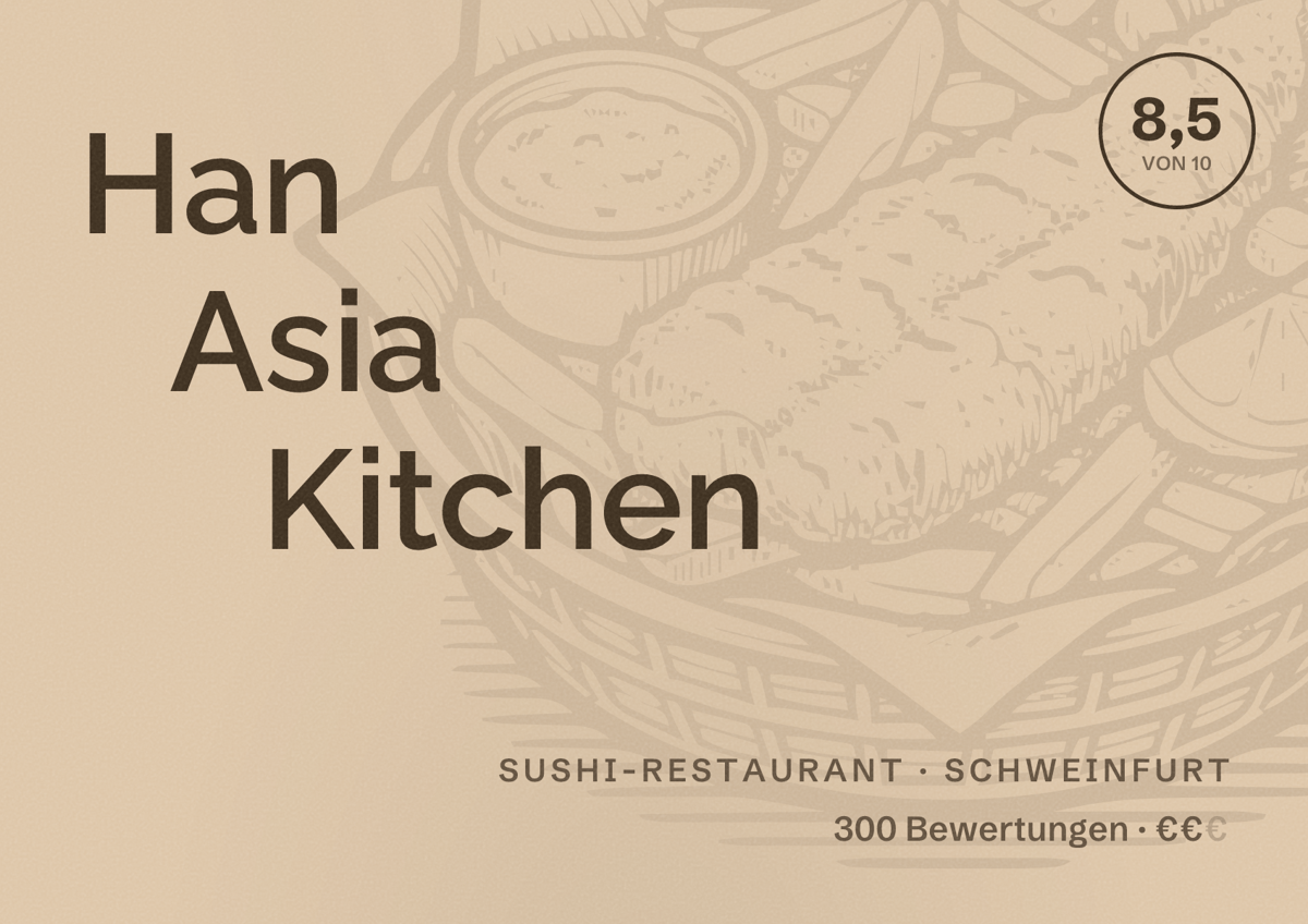 Illustriertes Poster von Han Asia Kitchen, Sushi-Restaurant in Schweinfurt: Bewertung 8,5 von 10 aus 300 Bewertungen, Preisniveau €€