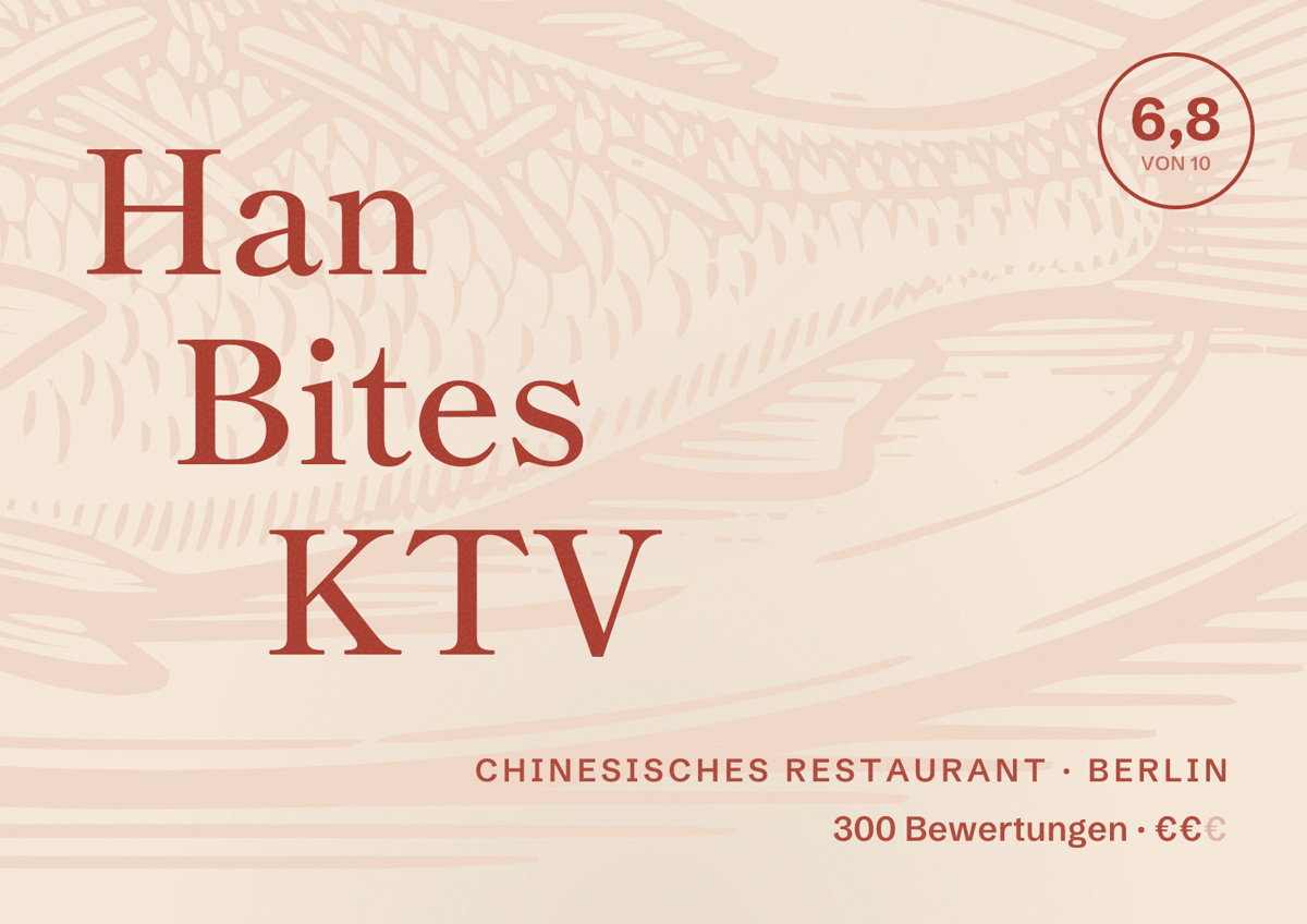 Illustriertes Poster von Han Bites KTV, Chinesisches Restaurant in Berlin: Bewertung 6,8 von 10 aus 300 Bewertungen, Preisniveau €€