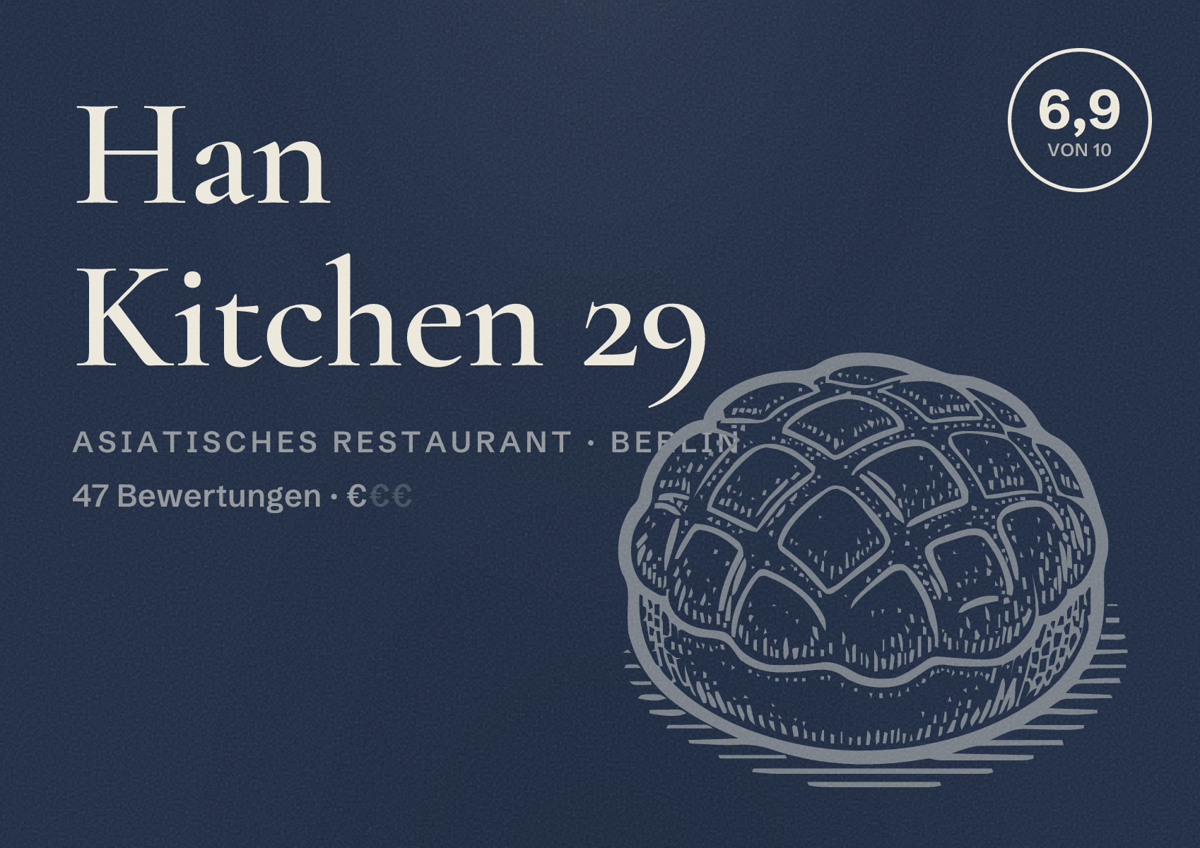 Illustriertes Poster von Han Kitchen 29, Asiatisches Restaurant in Berlin: Bewertung 6,9 von 10 aus 47 Bewertungen, Preisniveau €