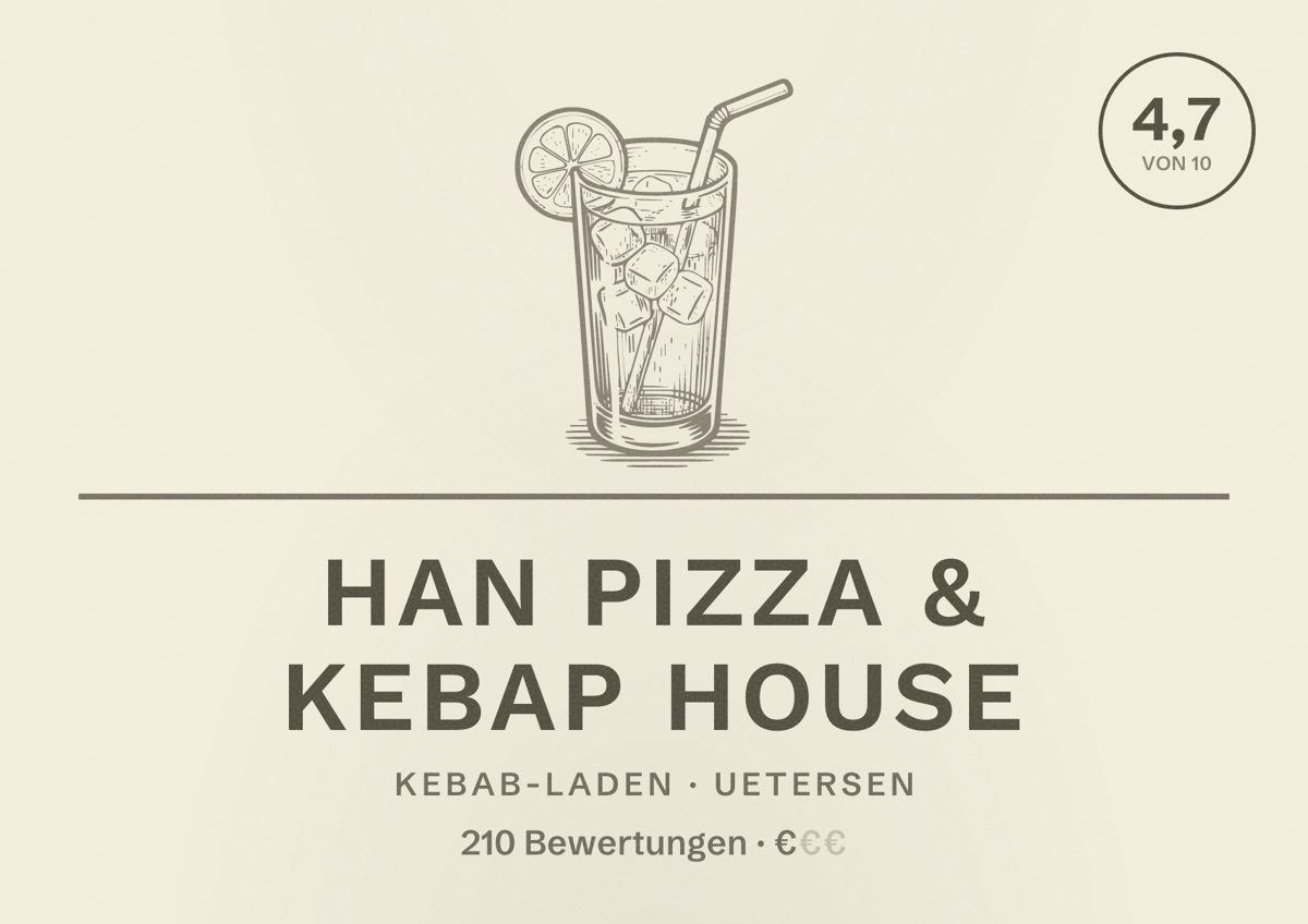 Illustriertes Poster von HAN Pizza & Kebap House, Kebab-Laden in Uetersen: Bewertung 4,7 von 10 aus 210 Bewertungen, Preisniveau €
