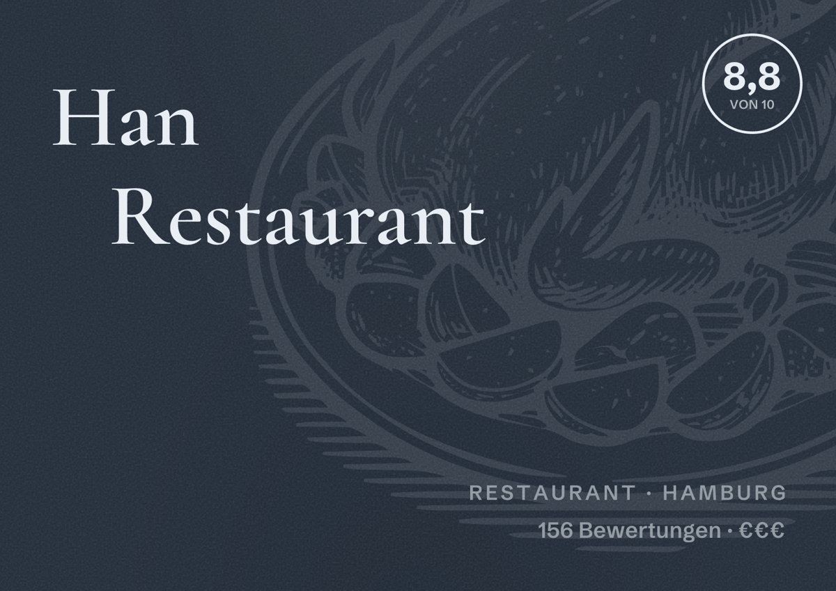 Illustriertes Poster von Han Restaurant, Restaurant in Hamburg: Bewertung 8,8 von 10 aus 156 Bewertungen, Preisniveau €€€