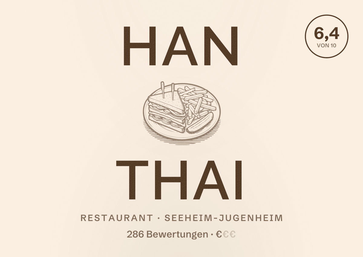 Illustriertes Poster von Han Thai, Restaurant in Seeheim-Jugenheim: Bewertung 6,4 von 10 aus 286 Bewertungen, Preisniveau €