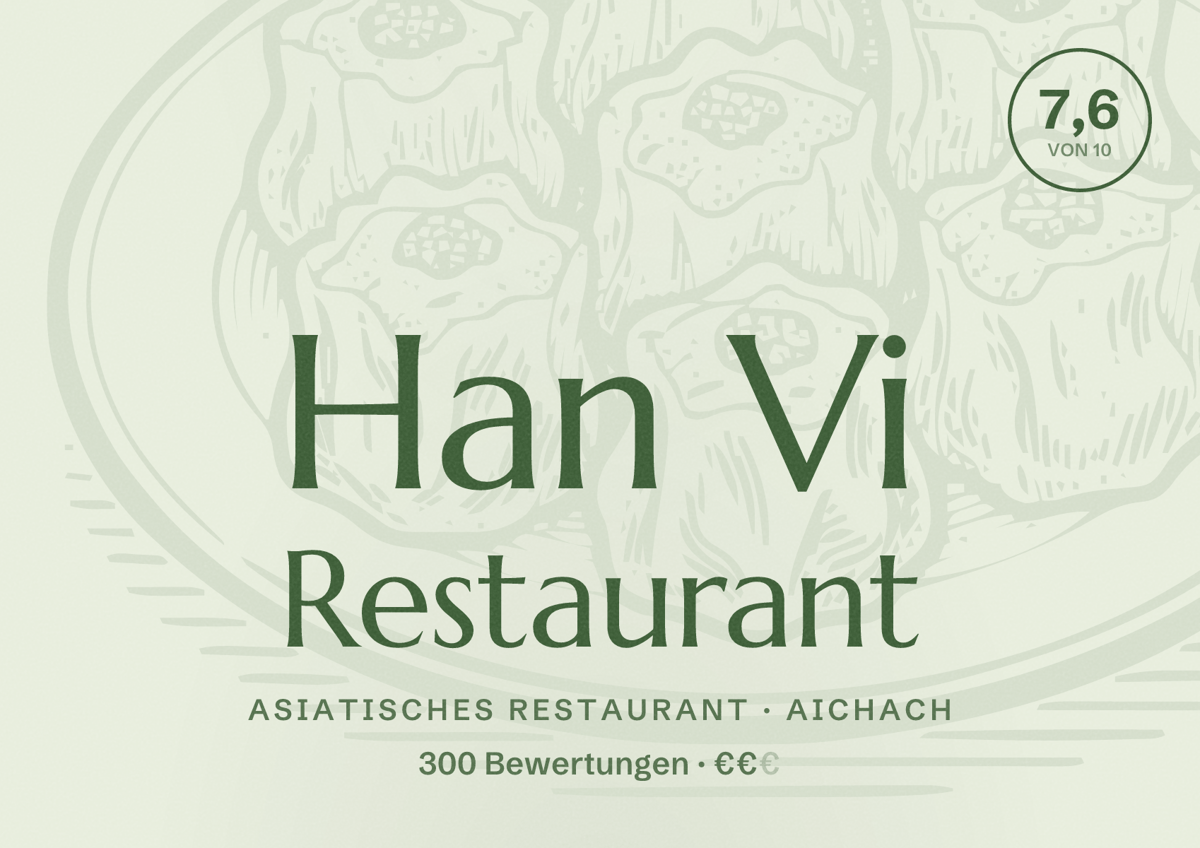 Illustriertes Poster von Han Vi Restaurant, Asiatisches Restaurant in Aichach: Bewertung 7,6 von 10 aus 300 Bewertungen, Preisniveau €€