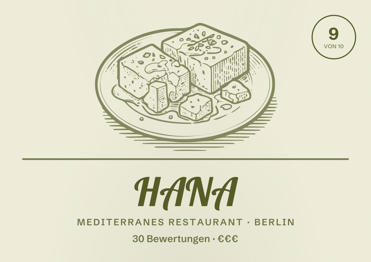 Illustriertes Poster von HANA, Mediterranes Restaurant in Berlin: Bewertung 9 von 10 aus 30 Bewertungen, Preisniveau €€€