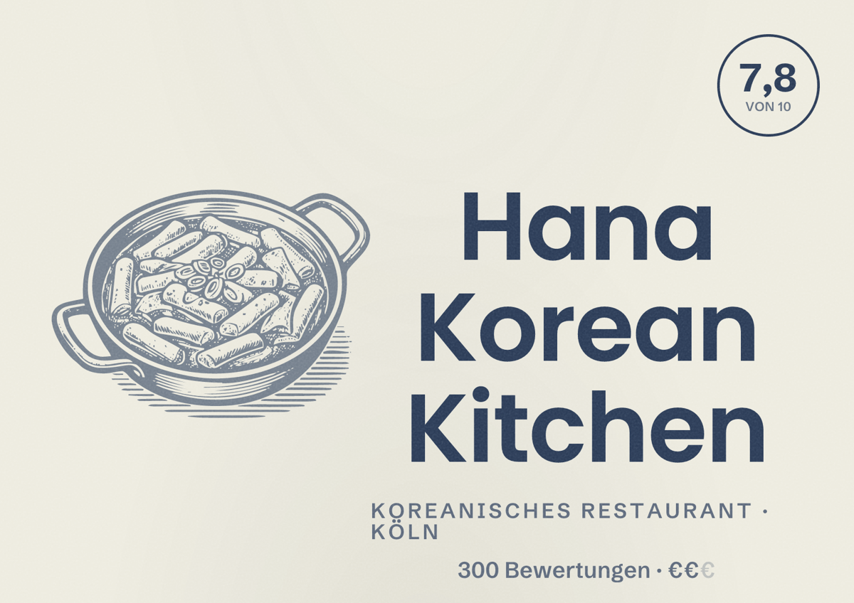 Illustriertes Poster von Hana Korean Kitchen, Koreanisches Restaurant in Köln: Bewertung 7,8 von 10 aus 300 Bewertungen, Preisniveau €€