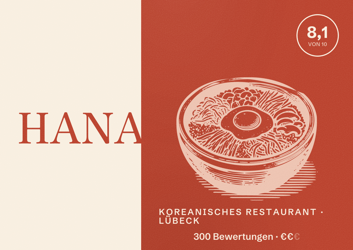 Illustriertes Poster von HANA, Koreanisches Restaurant in Lübeck: Bewertung 8,1 von 10 aus 300 Bewertungen, Preisniveau €€