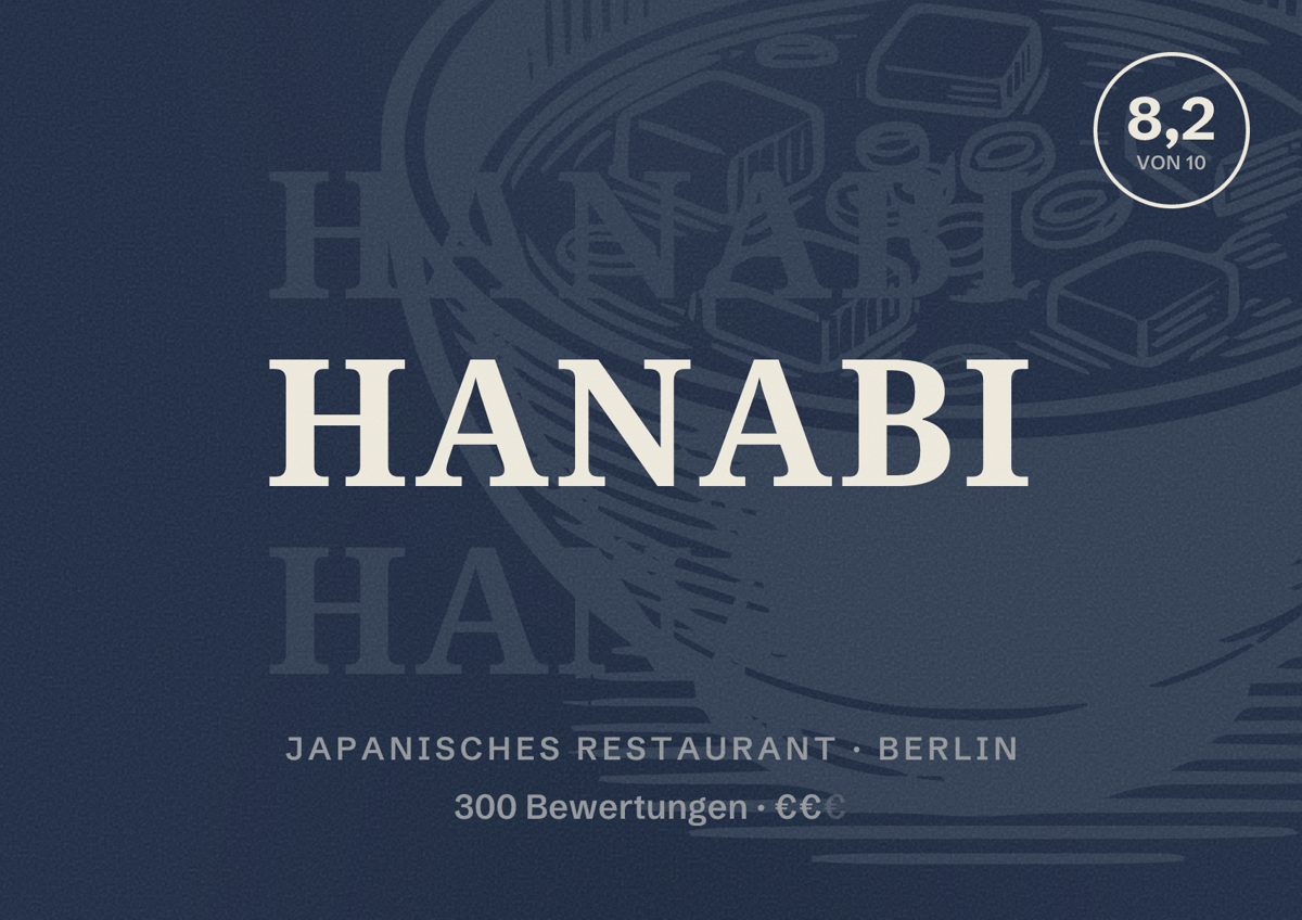 Illustriertes Poster von HANABI, Japanisches Restaurant in Berlin: Bewertung 8,2 von 10 aus 300 Bewertungen, Preisniveau €€