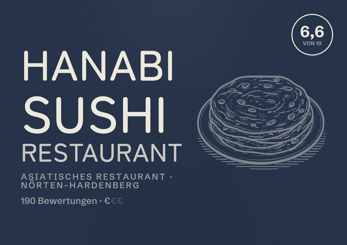 Illustriertes Poster von Hanabi Sushi Restaurant, Asiatisches Restaurant in Nörten-Hardenberg: Bewertung 6,6 von 10 aus 190 Bewertungen, Preisniveau €