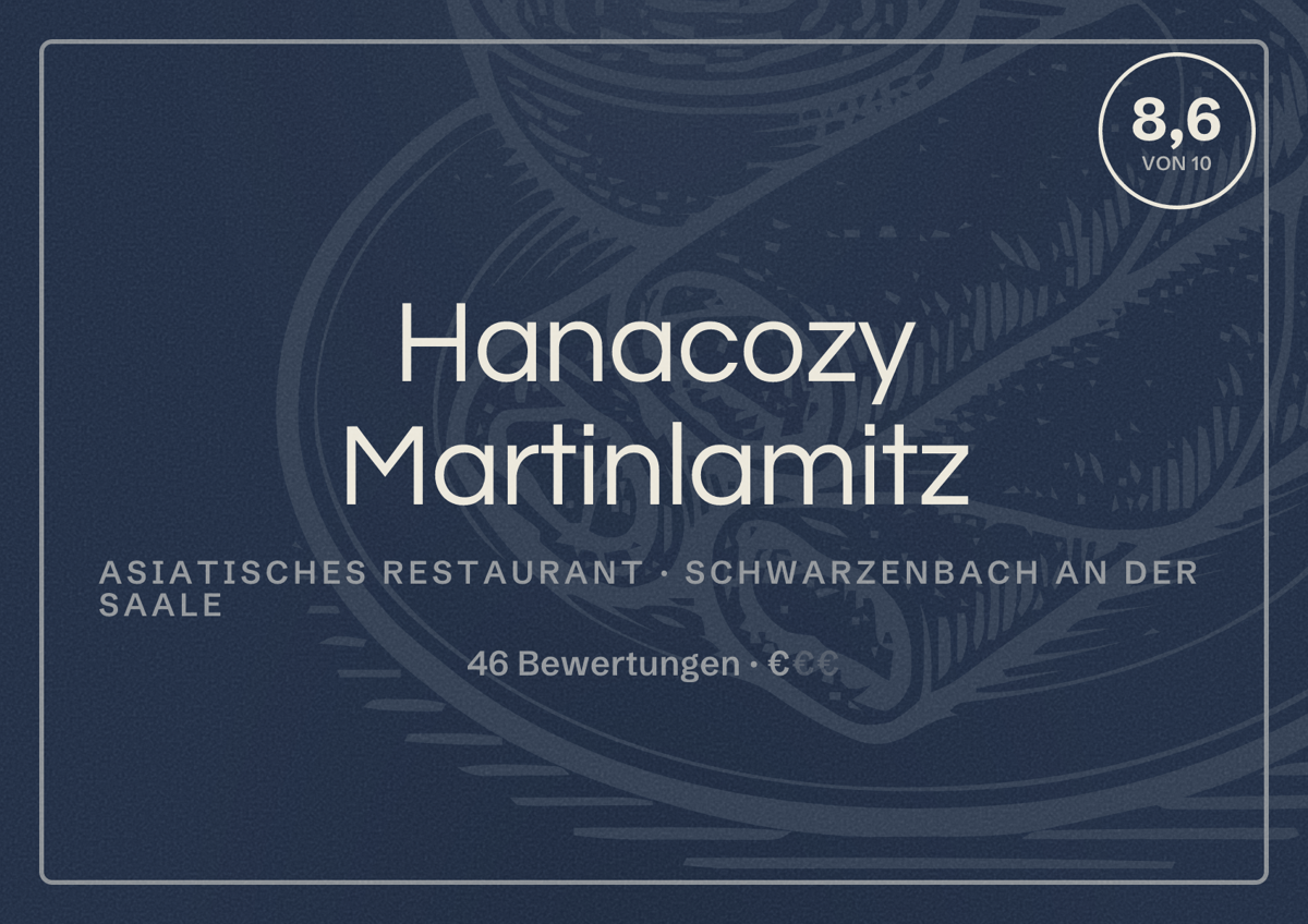 Illustriertes Poster von Hanacozy Martinlamitz, Asiatisches Restaurant in Schwarzenbach an der Saale: Bewertung 8,6 von 10 aus 46 Bewertungen, Preisniveau €