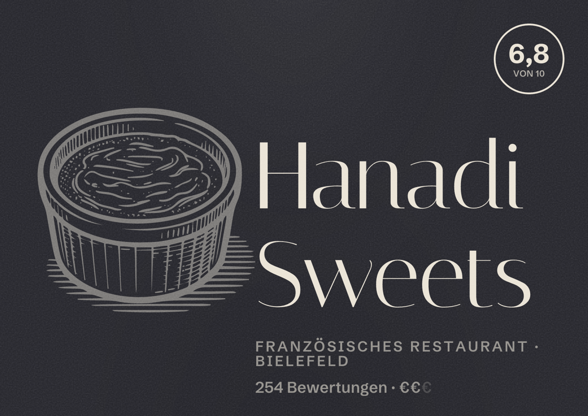 Illustriertes Poster von Hanadi Sweets, Französisches Restaurant in Bielefeld: Bewertung 6,8 von 10 aus 254 Bewertungen, Preisniveau €€