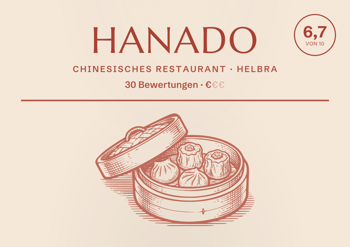 Illustriertes Poster von Hanado, Chinesisches Restaurant in Helbra: Bewertung 6,7 von 10 aus 30 Bewertungen, Preisniveau €