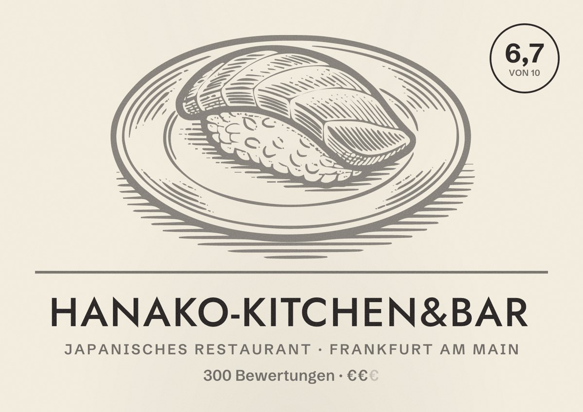 Illustriertes Poster von Hanako-Kitchen&Bar, Japanisches Restaurant in Frankfurt am Main: Bewertung 6,7 von 10 aus 300 Bewertungen, Preisniveau €€