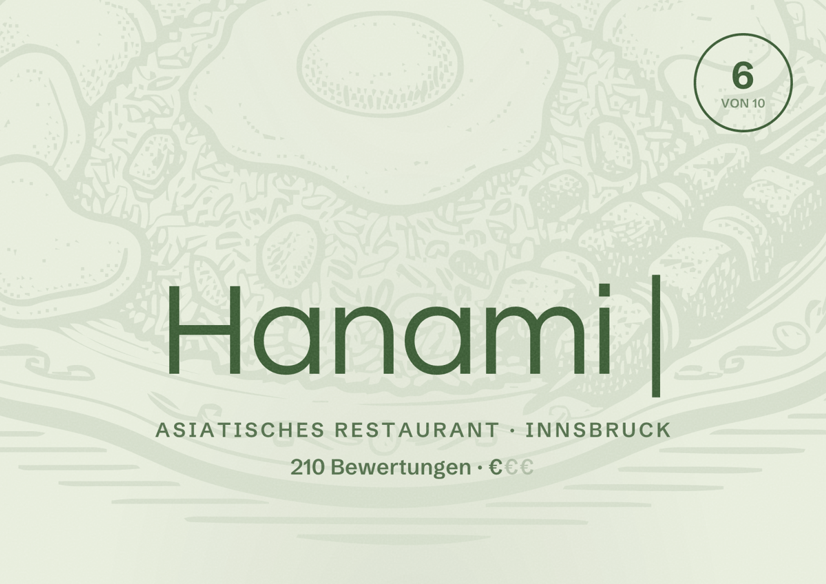 Illustriertes Poster von Hanami |, Asiatisches Restaurant in Innsbruck: Bewertung 6 von 10 aus 210 Bewertungen, Preisniveau €