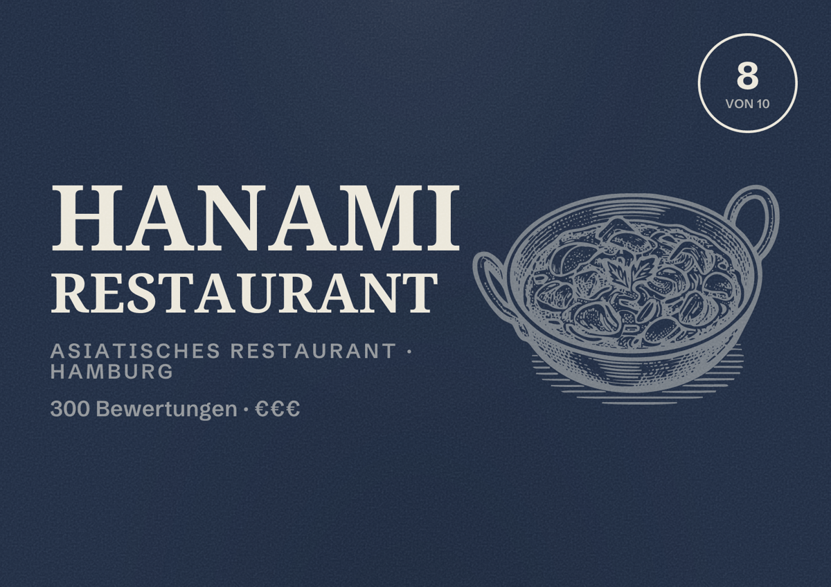 Illustriertes Poster von HANAMI Restaurant, Asiatisches Restaurant in Hamburg: Bewertung 8,0 von 10 aus 300 Bewertungen, Preisniveau €€€