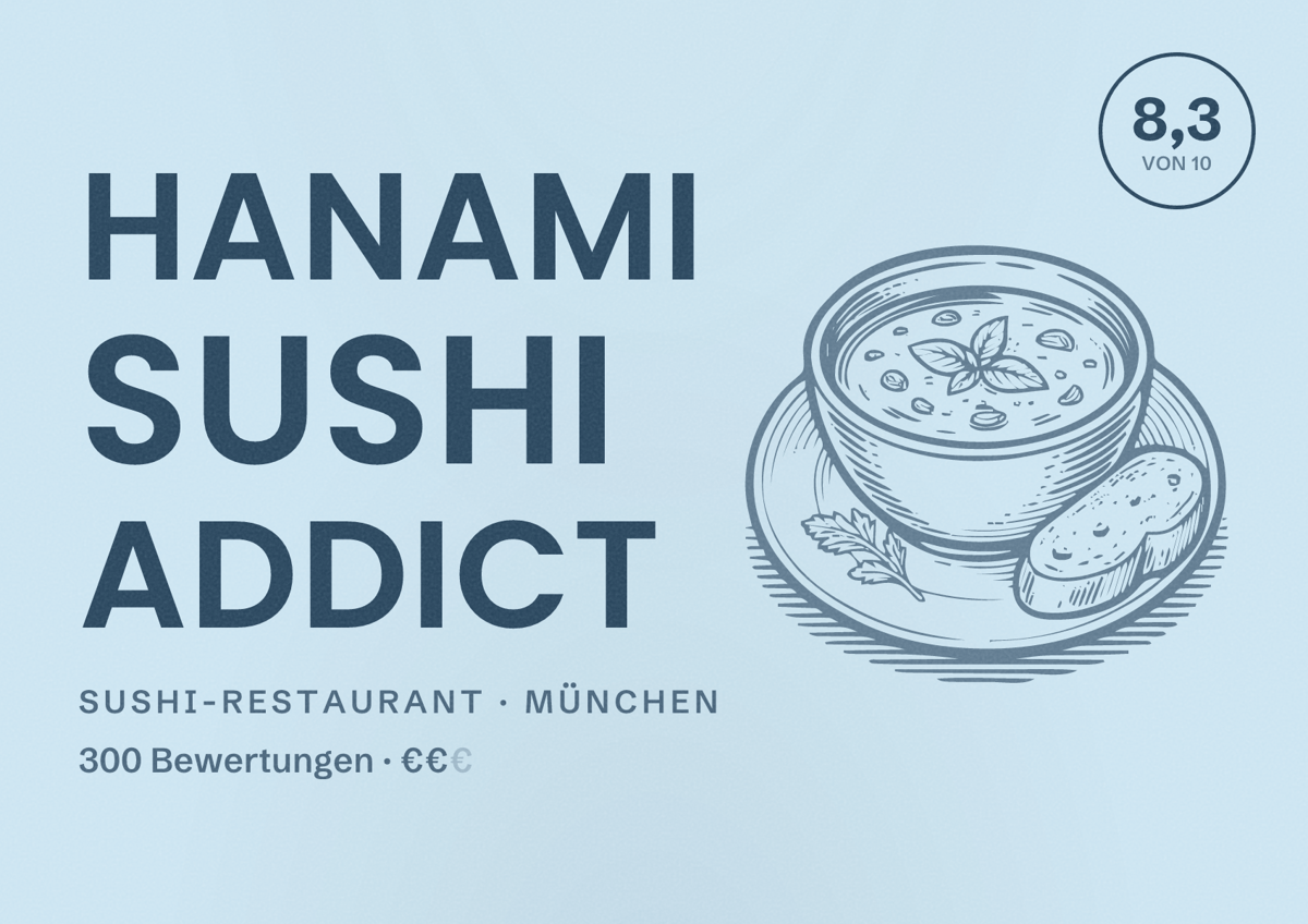 Illustriertes Poster von Hanami Sushi Addict, Sushi-Restaurant in München: Bewertung 8,3 von 10 aus 300 Bewertungen, Preisniveau €€
