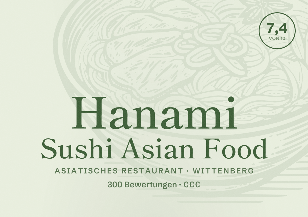 Illustriertes Poster von Hanami Sushi Asian Food, Asiatisches Restaurant in Wittenberg: Bewertung 7,4 von 10 aus 300 Bewertungen, Preisniveau €€€