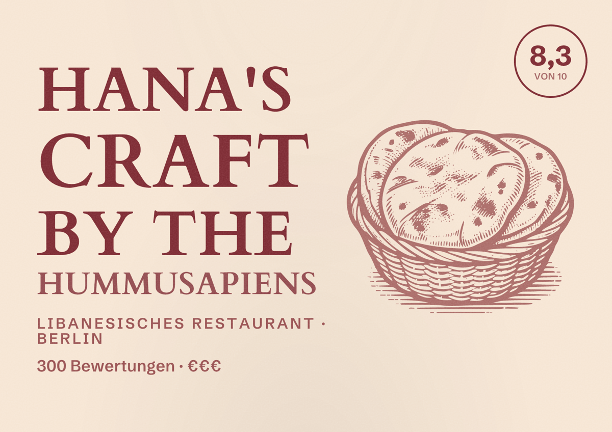 Illustriertes Poster von Hana's Craft by the hummusapiens, Libanesisches Restaurant in Berlin: Bewertung 8,3 von 10 aus 300 Bewertungen, Preisniveau €€€