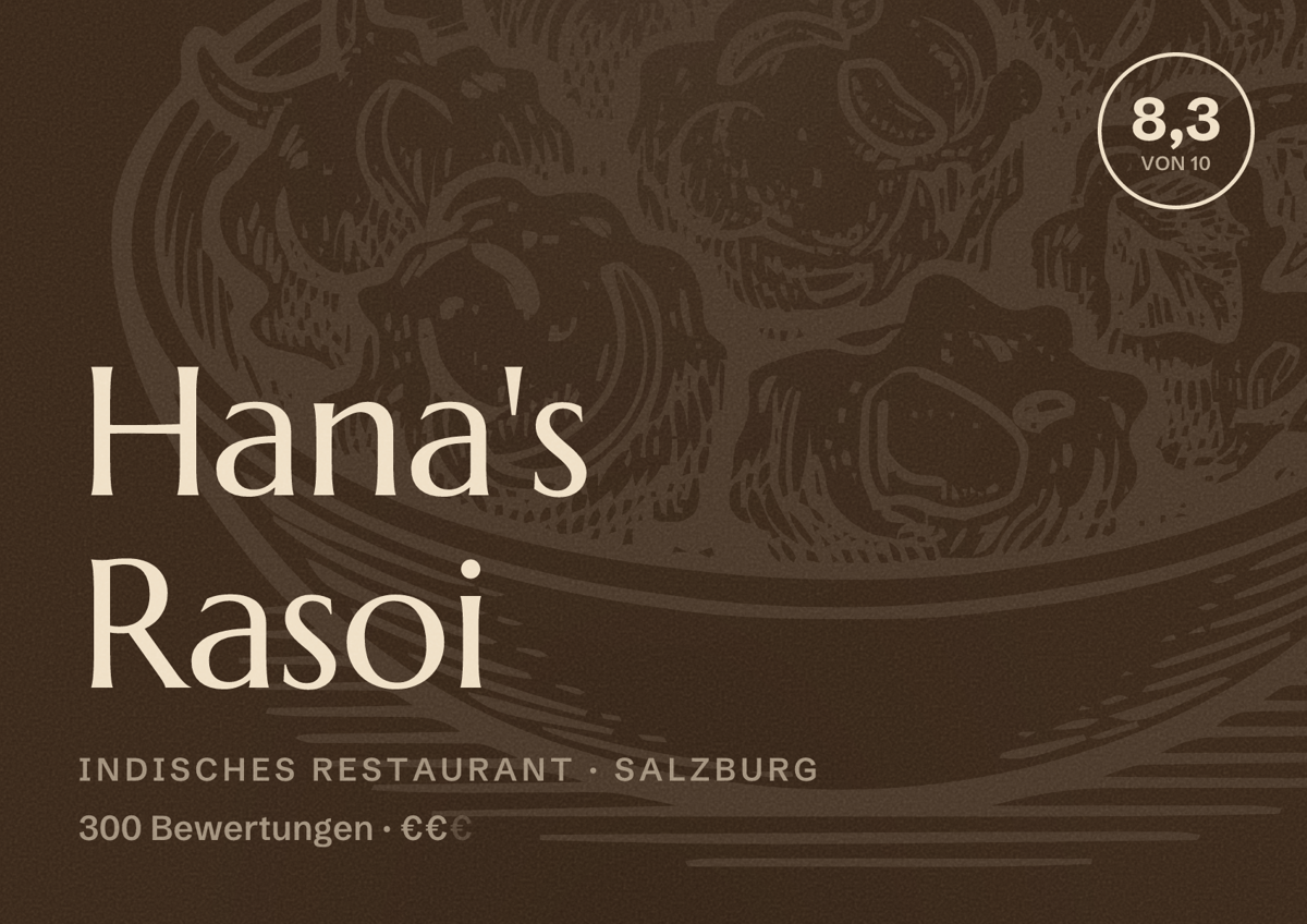 Illustriertes Poster von Hana's Rasoi, Indisches Restaurant in Salzburg: Bewertung 8,3 von 10 aus 300 Bewertungen, Preisniveau €€