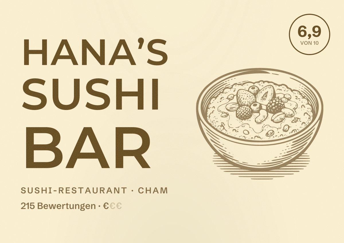 Illustriertes Poster von HANA’S SUSHI BAR, Sushi-Restaurant in Cham: Bewertung 6,9 von 10 aus 215 Bewertungen, Preisniveau €
