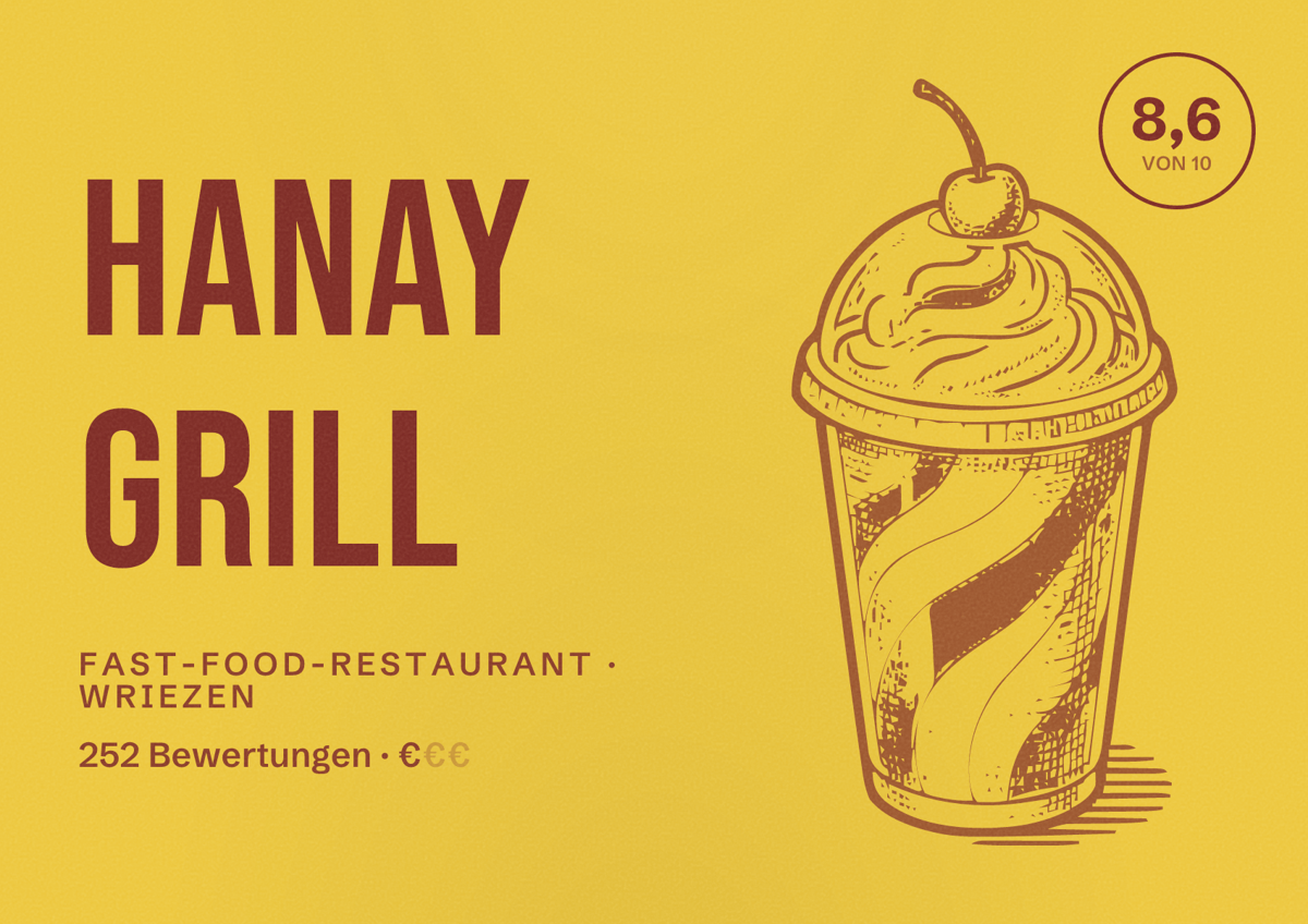 Illustriertes Poster von Hanay Grill, Fast-Food-Restaurant in Wriezen: Bewertung 8,6 von 10 aus 252 Bewertungen, Preisniveau €