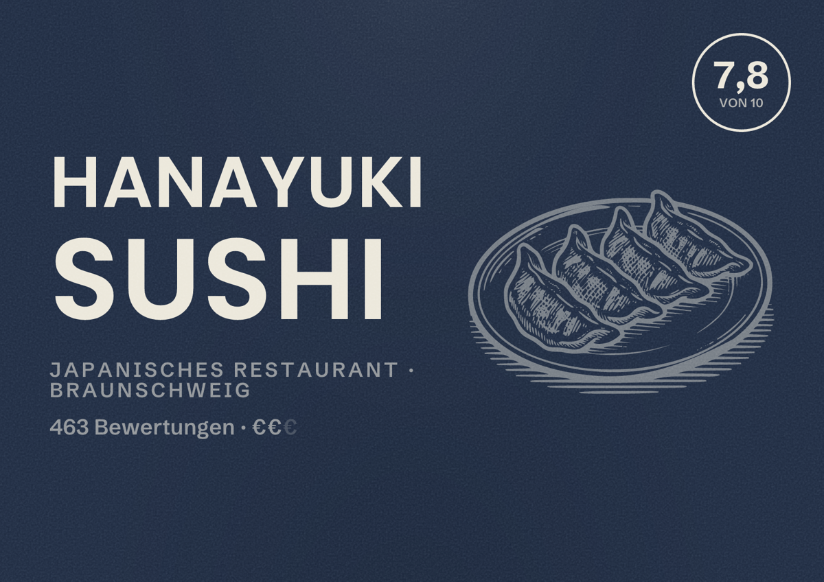 Illustriertes Poster von Hanayuki Sushi, Japanisches Restaurant in Braunschweig: Bewertung 7,8 von 10 aus 463 Bewertungen, Preisniveau €€