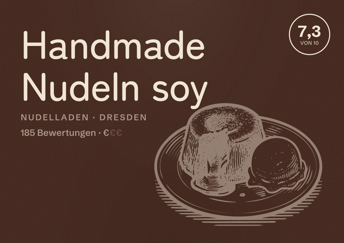 Illustriertes Poster von Handmade Nudeln soy, Nudelladen in Dresden: Bewertung 7,3 von 10 aus 185 Bewertungen, Preisniveau €