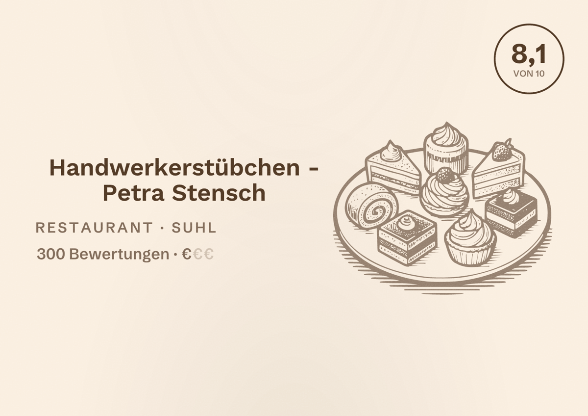 Illustriertes Poster von Handwerkerstübchen - Petra Stensch, Restaurant in Suhl: Bewertung 8,1 von 10 aus 300 Bewertungen, Preisniveau €