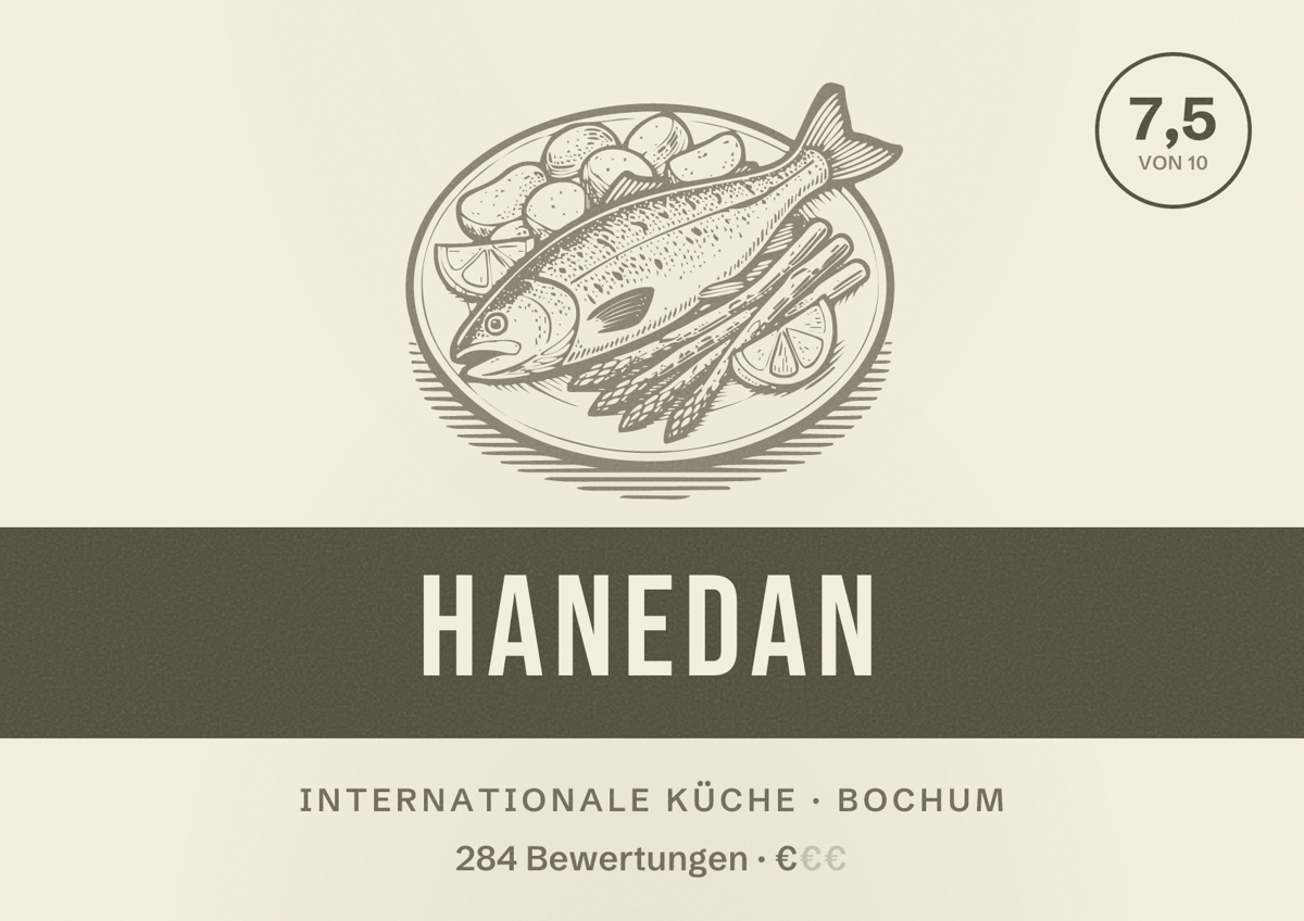 Illustriertes Poster von Hanedan, Internationale Küche in Bochum: Gästebewertung 7,5 von 10 aus 284 Bewertungen