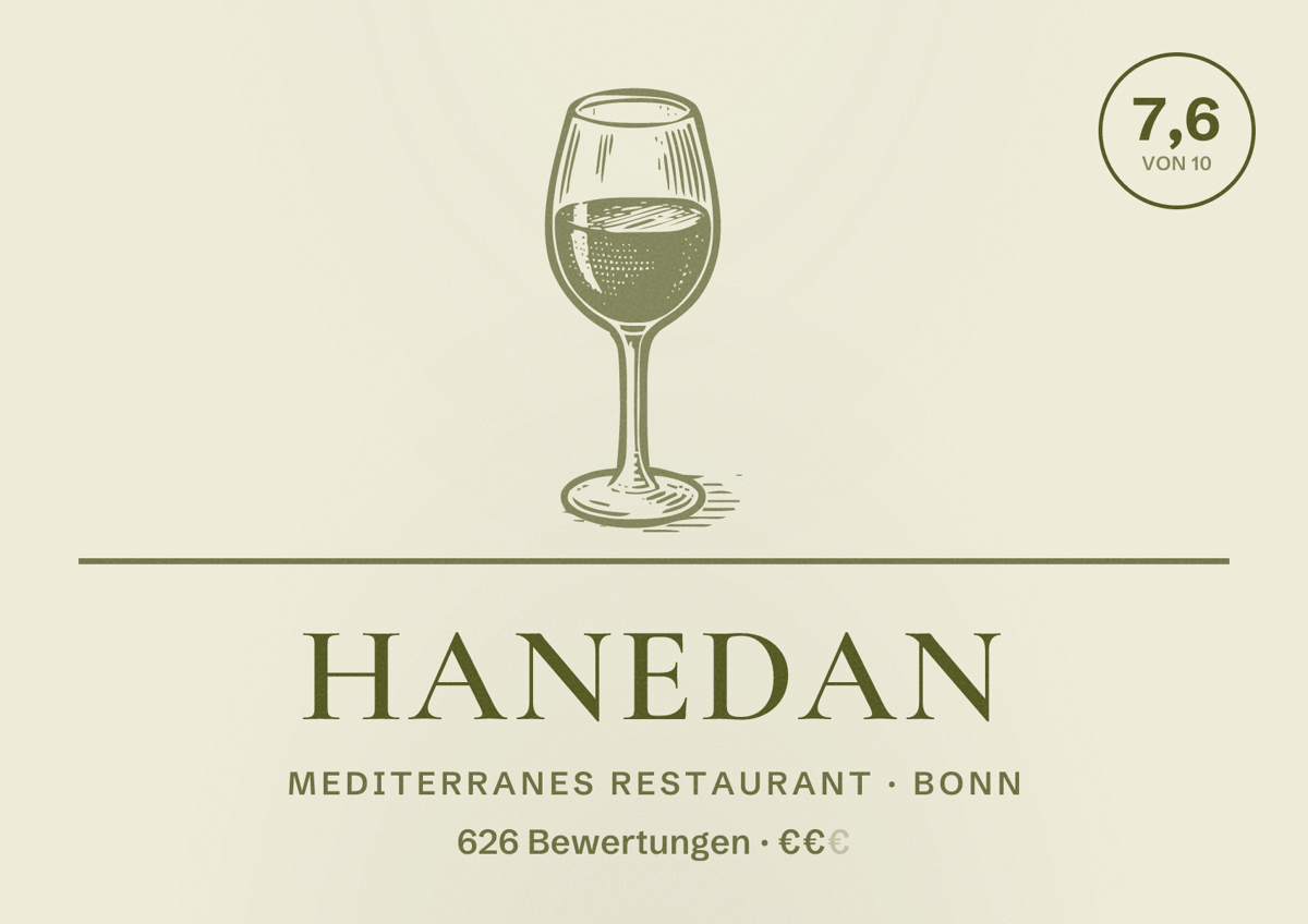 Illustriertes Poster von Hanedan, Mediterranes Restaurant in Bonn: Bewertung 7,6 von 10 aus 626 Bewertungen, Preisniveau €€