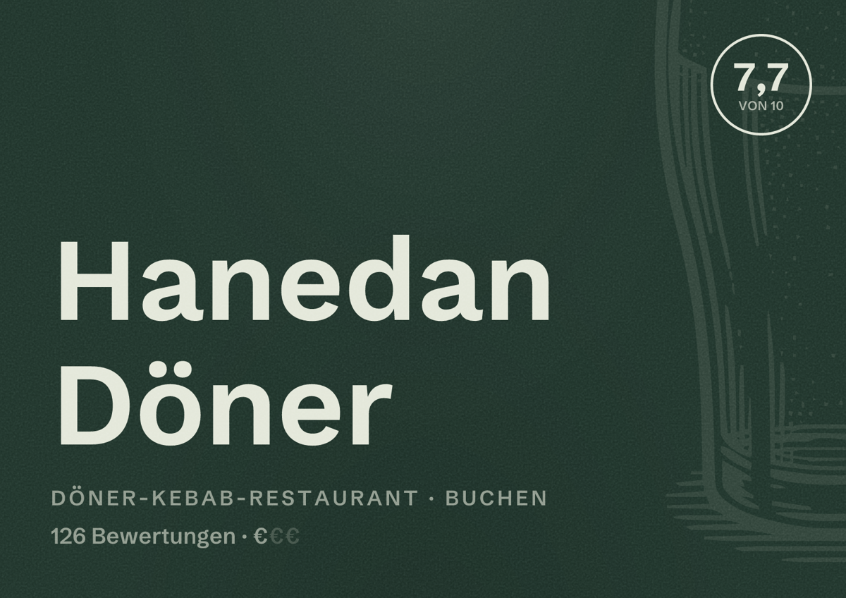 Illustriertes Poster von Hanedan Döner, Döner-Kebab-Restaurant in Buchen: Bewertung 7,7 von 10 aus 126 Bewertungen, Preisniveau €