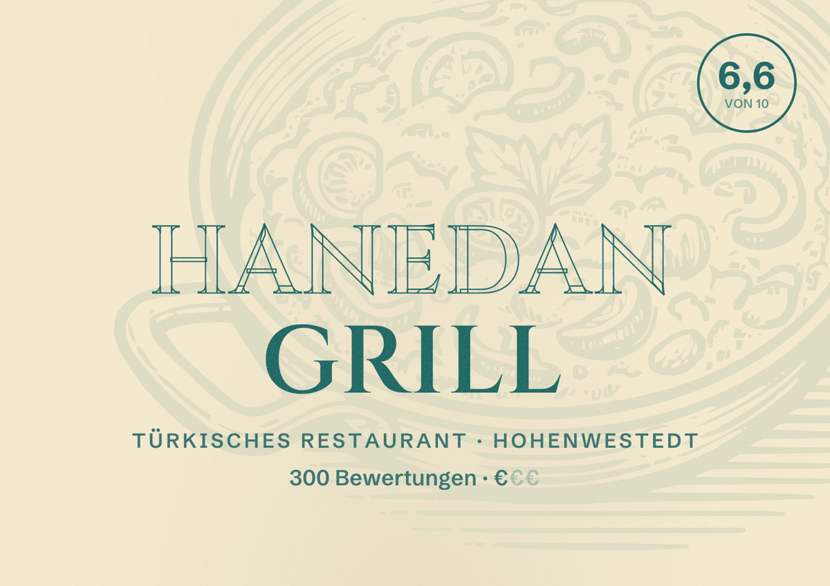 Illustriertes Poster von Hanedan Grill, Türkisches Restaurant in Hohenwestedt: Bewertung 6,6 von 10 aus 300 Bewertungen, Preisniveau €