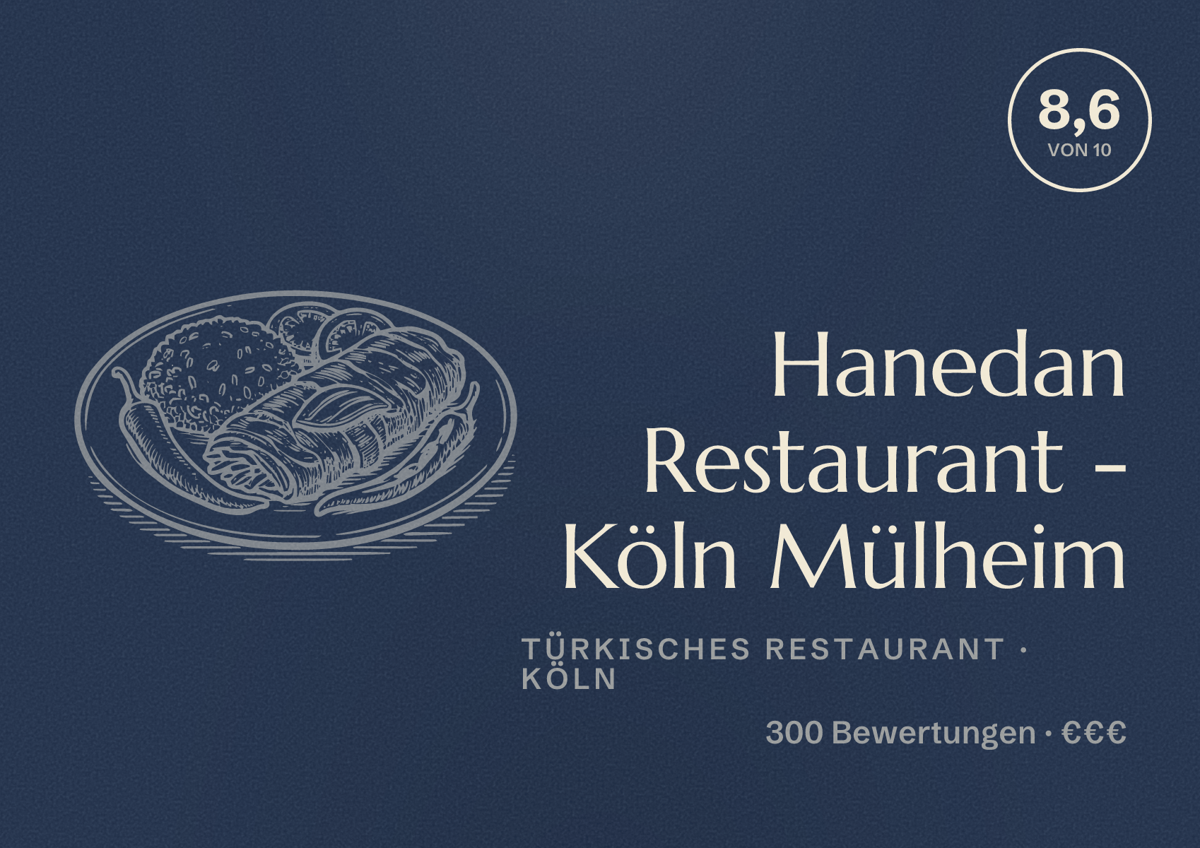 Illustriertes Poster von Hanedan Restaurant - Köln Mülheim, Türkisches Restaurant in Köln: Bewertung 8,6 von 10 aus 300 Bewertungen, Preisniveau €€€