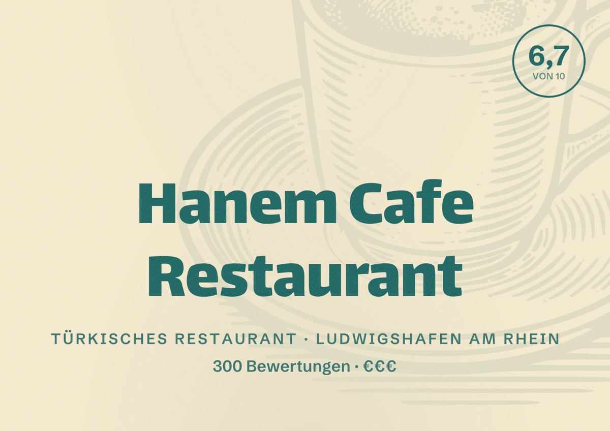 Illustriertes Poster von Hanem Cafe Restaurant, Türkisches Restaurant in Ludwigshafen am Rhein: Bewertung 6,7 von 10 aus 300 Bewertungen, Preisniveau €€€