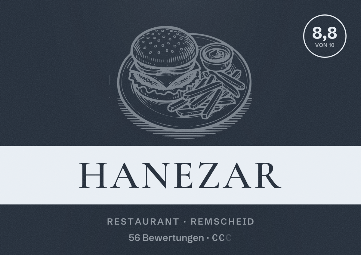 Illustriertes Poster von Hanezar, Restaurant in Remscheid: Bewertung 8,8 von 10 aus 56 Bewertungen, Preisniveau €€