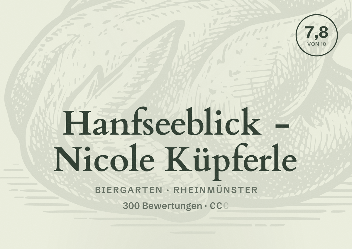Illustriertes Poster von Hanfseeblick - Nicole Küpferle, Biergarten in Rheinmünster: Bewertung 7,8 von 10 aus 300 Bewertungen, Preisniveau €€