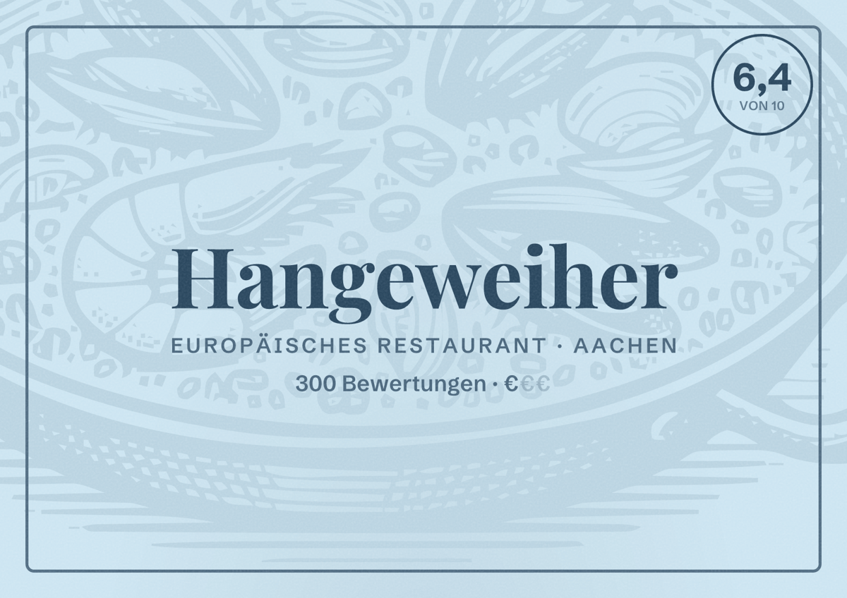 Illustriertes Poster von Hangeweiher, Europäisches Restaurant in Aachen: Bewertung 6,4 von 10 aus 300 Bewertungen, Preisniveau €