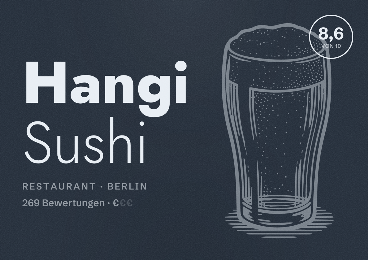 Illustriertes Poster von Hangi Sushi, Restaurant in Berlin: Bewertung 8,6 von 10 aus 269 Bewertungen, Preisniveau €