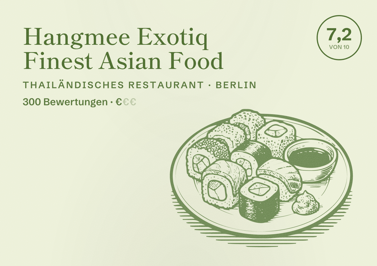 Illustriertes Poster von Hangmee Exotiq Finest Asian Food, Thailändisches Restaurant in Berlin: Bewertung 7,2 von 10 aus 300 Bewertungen, Preisniveau €
