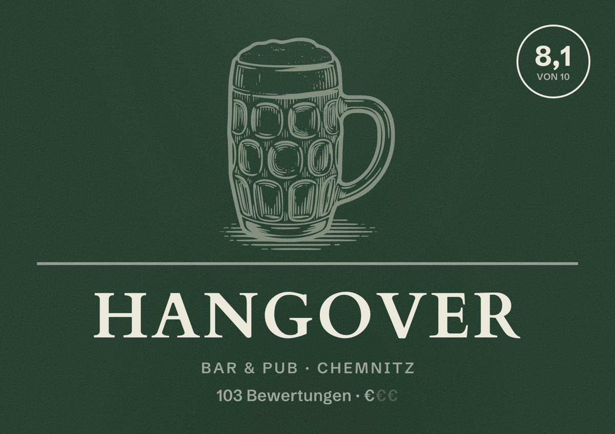 Illustriertes Poster von Hangover, Bar & Pub in Chemnitz: Bewertung 8,1 von 10 aus 103 Bewertungen, Preisniveau €