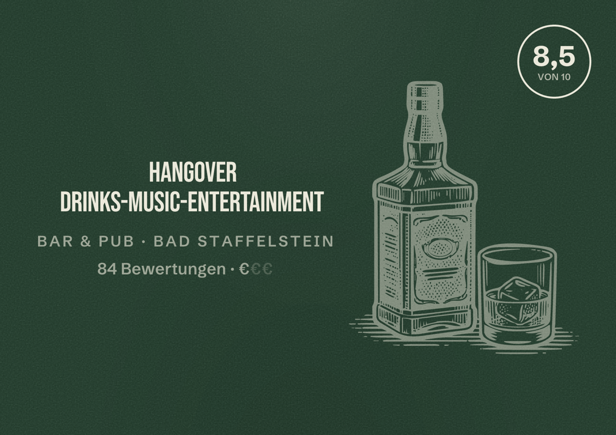 Illustriertes Poster von Hangover Drinks-Music-Entertainment, Bar & Pub in Bad Staffelstein: Bewertung 8,5 von 10 aus 84 Bewertungen, Preisniveau €