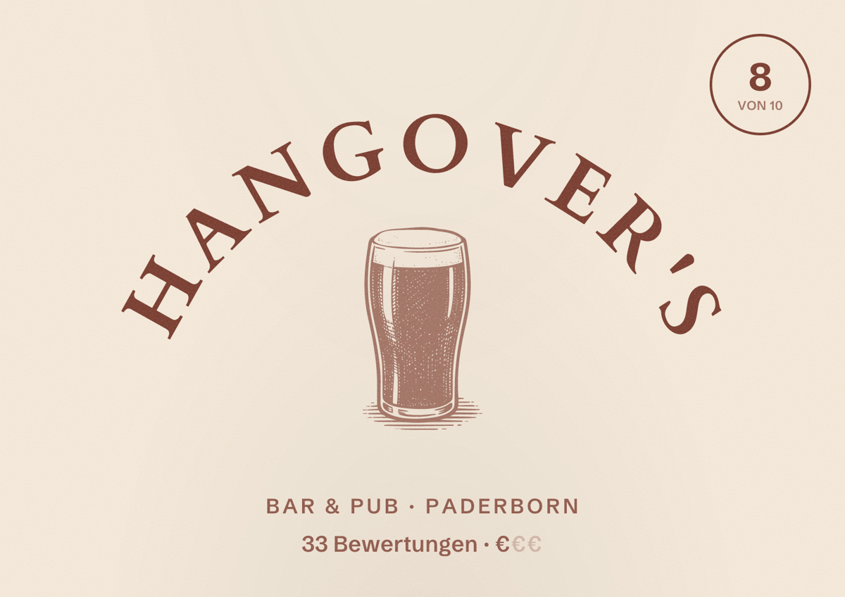 Illustriertes Poster von Hangover's, Bar & Pub in Paderborn: Bewertung 8 von 10 aus 33 Bewertungen, Preisniveau €