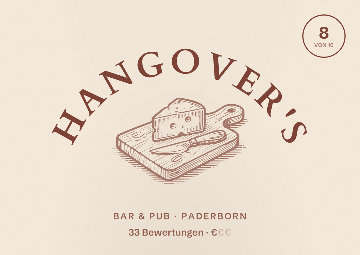 Illustriertes Poster von Hangover's, Bar & Pub in Paderborn: Bewertung 8 von 10 aus 33 Bewertungen, Preisniveau €