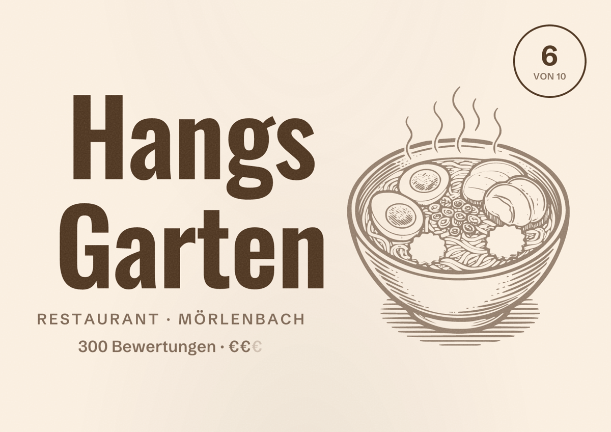 Illustriertes Poster von Hangs Garten, Restaurant in Mörlenbach: Bewertung 6 von 10 aus 300 Bewertungen, Preisniveau €€