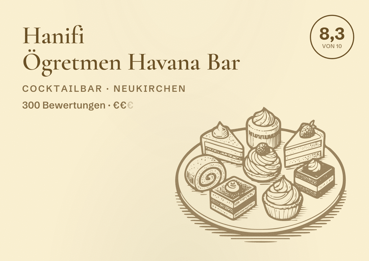 Illustriertes Poster von Hanifi Ögretmen Havana Bar, Cocktailbar in Neukirchen: Bewertung 8,3 von 10 aus 300 Bewertungen, Preisniveau €€