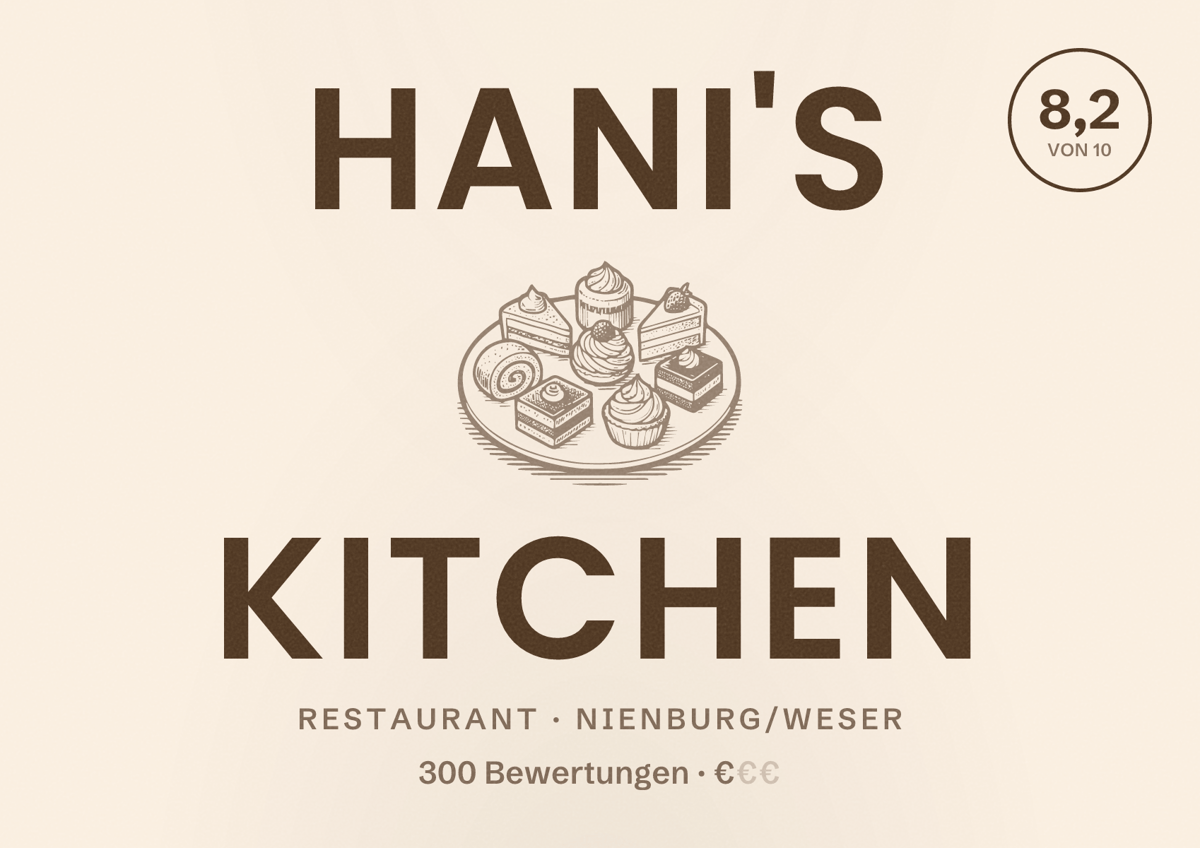 Illustriertes Poster von Hani's Kitchen, Restaurant in Nienburg/Weser: Bewertung 8,2 von 10 aus 300 Bewertungen, Preisniveau €