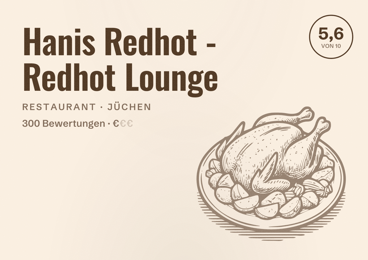 Illustriertes Poster von Hanis Redhot - Redhot Lounge, Restaurant in Jüchen: Bewertung 5,6 von 10 aus 300 Bewertungen, Preisniveau €